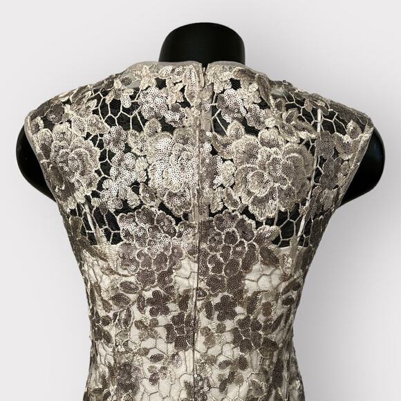 Adrianna Papell Formal Lace Sheath Dress Womens sz 2 Floral Sequin Golden Gown - Picture 9 of 14